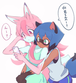 5_fingers anthro black_body black_ears black_fur black_hair black_nose blue_body blue_clothing blue_fur blue_hair bottomwear breasts brown_body brown_fur cellphone clothed clothing dialogue dipstick_tail dress duo electronics facial_markings female female/female female_anthro fingers fur gloves_(marking) green_clothing green_eyes hair head_markings holding_object hug hugging_another hugging_from_behind humanoid_hands long_hair markings mask_(marking) multicolored_body multicolored_fur multicolored_hair multicolored_tail phone pink_body pink_ears pink_fur pink_hair red_eyes shirt short_hair shorts simple_background tail tail_markings tank_top text topwear white_background white_body white_clothing white_fur h0y0n brand_new_animal studio_trigger michiru_kagemori nazuna_hiwatashi canid canine fox mammal raccoon_dog tanuki 2020 digital_media_(artwork) hi_res japanese_text translated