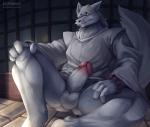 anthro asian_clothing balls biped bottomless butt canid canine clothed clothing dojo east_asian_clothing erection fox fur genitals gingitsune gintaro humanoid_genitalia humanoid_penis japanese_clothing male mammal nurinaki penis sitting solo spread_legs spreading white_butt