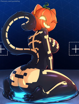 anthro black_body black_fur breasts butt cat_tail feet female food for_a_head fruit fur hindpaw looking_at_viewer looking_back one_eye_closed pawpads paws plant presenting presenting_hindquarters pumpkin pumpkin_head sitting smile solo text wink winking_at_viewer yumiiefox epic_games fortnite spice_(fortnite) domestic_cat felid feline felis mammal object_head hi_res url