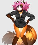 anthro breasts brown_body brown_fur clothed clothed_anthro clothed_female clothing eye_patch eyewear female fur hair looking_at_viewer orange_body orange_fur partially_clothed pink_hair red_eyes solo undressing undressing_self white_body white_fur moonfluffmf kassidi_(moonfluffmf) ailurid mammal red_panda hi_res