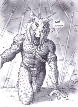 animal_genitalia animal_penis anthro athletic athletic_anthro athletic_male belt biped bodily_fluids bracelet cheek_tuft dripping ear_piercing erection facial_tuft fangs feline_genitalia feline_penis fur genital_fluids genitals grin inside_tent jewelry kneeling looking_at_viewer looking_down looking_down_at_viewer male male_anthro markings penile_spines penis piercing precum precum_drip smile smiling_at_viewer solo spots spotted_body spotted_fur talking_to_viewer teeth tent text tribal tuft 0laffson felid feline lynx mammal 2026 english_text hi_res traditional_media_(artwork)