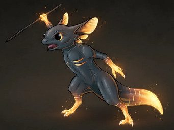 2_toes 3_fingers abstract_background ambiguous_gender anthro biped casual_nudity claws detailed_anatomy featureless_chest featureless_crotch feet fingers frill_(anatomy) glistening glistening_body glistening_skin glowing glowing_feet glowing_hands glowing_markings glowing_tail hairless markings melee_weapon muscular_tail nude open_mouth polearm round_eyes semi-anthro simple_background solo sparks spear striped_markings stripes tail tapering_tail textured_background thick_tail toes tongue weapon wrinkled_nose wonky rain_world videocult pyromancer_(wonky) amphibian slugcat 2026 digital_drawing_(artwork) digital_media_(artwork) digital_painting_(artwork) painting_(artwork) shaded widescreen