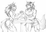 anthro arm_wrestling bandage bottomwear bra clothed clothing duo fangs female furniture inner_ear_fluff midriff muscular muscular_female shorts simple_background smile sports_bra standing table teeth tuft underwear white_background autumm_airwave canid canine mammal 2016 graphite_(artwork) mixed_media monochrome pen_(artwork) traditional_media_(artwork)