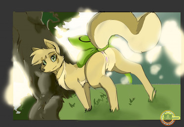 accessory all_fours anus bow_(feature) bow_accessory bow_ribbon brown_nose butt chest_tuft female feral fluffy fluffy_tail furgonomics genitals grass green_eyes looking_at_viewer on_grass outside plant presenting presenting_hindquarters ribbons solo tail tail_accessory tail_bow tail_ribbon tree tuft vulva metalfox sukari canid canine mammal