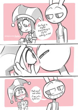 anthro blush clothed clothing dialogue duo female fool's_hat gloves hair half-closed_eyes handwear hat headgear headwear human_on_anthro interspecies kissing male male/female narrowed_eyes simple_background smile speech_bubble standing surprise_kiss text jizoku glitch_productions the_amazing_digital_circus jax_(tadc) pomni_(tadc) human lagomorph leporid mammal rabbit absurd_res comic digital_media_(artwork) english_text hi_res