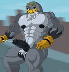 abs anthro balls barazoku beak biceps big_muscles blue_eyes bodily_fluids bottomless clothed clothing cum erection eyewear genital_fluids genitals gloves handwear humanoid_genitalia humanoid_penis jewelry male muscular muscular_anthro muscular_male necklace nipples nude pecs penis simple_background smile solo vein veiny_muscles klr-rio sega sonic_riders sonic_the_hedgehog_(series) storm_the_albatross albatross avian bird procellariiform hi_res