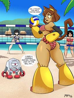 anthro ball beach bikini breasts brown_body brown_hair butt clothing dialogue duo_focus eyebrows eyelashes eyewear eyewear_on_head female goggles goggles_on_head group hair machine magenta_eyes male pattern_bikini pattern_clothing pattern_swimwear side_boob sport striped_bikini striped_clothing striped_swimwear stripes swimwear two-piece_swimsuit volleyball volleyball_(ball) whiskers yellow_sclera 49ersrule07 dead_or_alive_(series) dead_or_alive_xtreme gameoverse glitch_productions kaboodle_(gameoverse) kit_bodega domestic_cat felid feline felis human mammal robot 2026 hi_res