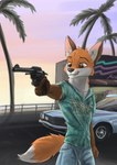 80's_theme anthro beach brown_eyes car gun handgun holding_object holding_weapon male ranged_weapon revolver smile smiling_at_another solo vehicle weapon wolfyalex96 grand_theft_auto grand_theft_auto:_vice_city rockstar_games tommy_vercetti canid canine fox mammal hi_res