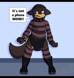 adolescent alternative_fashion ambiguous_gender angry anthro beanie black_beanie black_boots black_bracelet black_clothing black_collar black_diaper black_footwear black_hair black_hat black_headwear black_nose black_tail boots bracelet brown_body brown_clothing brown_fur brown_legwear brown_shirt brown_thigh_highs brown_topwear clean_diaper clothed clothing collar dialogue diaper ears_down fangs fist footwear front_view fur goth hair hat headgear headwear heart_symbol inside jewelry knee_boots knee_highs latex_diaper legwear multicolored_body multicolored_fur narrowed_eyes open_mouth pattern_clothing pattern_legwear pattern_shirt pattern_thigh_highs pattern_topwear pivoted_ears purple_inner_ear shirt shoes solo speech_bubble spiked_bracelet spiked_collar spikes standing striped_clothing striped_legwear striped_shirt striped_thigh_highs striped_topwear stripes tail teeth text thigh_highs topwear two_tone_body two_tone_fur wearing_diaper yellow_body yellow_fur young shadyadi smoky_(smoky_doggo) canid canine canis mammal wolf 2024 artist_name english_text full-length_portrait hi_res letterbox portrait signature
