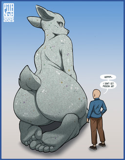 anthro big_butt blue_border border butt duo extreme_size_difference feet female female_anthro huge_butt humanoid_feet kneeling larger_anthro larger_female macro male male_human plantigrade rear_view sculpture scut_tail short_tail size_difference smaller_human smaller_male statue tail text gatogenerico asker_kulturhus don't_be_a_stranger_(sculpture) deer human mammal 2025 english_text hi_res