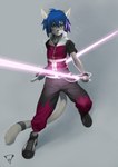2015 accessory action_pose anthro biped black_nose blue_hair bracelet clothed clothing dual_wielding ear_piercing ear_ring energy felid feline flame_pattern footwear front_view full-length_portrait fully_clothed furgonomics grey_background hair hi_res holding_lightsaber holding_object holding_weapon jewelry kiske_7key lightsaber looking_at_viewer male mammal melee_weapon particles piercing pink_glow plantigrade portrait pose purple_lightsaber ring ring_piercing shoes simple_background smile smirk solo star_wars tail tail_accessory tail_jewelry tail_ring teal_eyes wallet_chain weapon xeol_alza