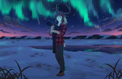 2_horns anthro antlers aurora_(phenomenon) biped black_hair black_nose bottomwear brown_body brown_fur clothed clothing countershade_face countershade_torso countershading footwear fur hair holding_object horn looking_up male multicolored_body night outside pants scut_tail shirt short_hair short_tail sky snow solo star starry_sky tail telescope topwear two_tone_body white_body white_countershading white_fur kdraws deer mammal 2025