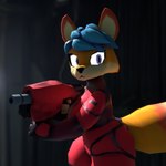 anthro big_breasts blue_hair breasts clothing female fur gun hair low_poly orange_body orange_fur ranged_weapon red_clothing short_stack simple_background solo spacesuit weapon questionable_aesthetics_(artist) questionable_aesthetics_(modeler) blender_cycles canid canine fox mammal 1:1 3d_(artwork) blender_(artwork) digital_media_(artwork) hi_res