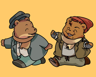 anthro bottomwear brown_body chibi clothing duo hat headgear headwear kemono male pants scarf shirt simple_background topwear walking ham_won_art ernest_and_celestine bolero_(ernest_and_celestine) ernest_(ernest_and_celestine) bear mammal 2025 hi_res