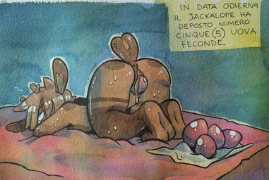 anthro antlers ass_up bodily_fluids brown_body brown_fur butt egg female fur genital_fluids hair hair_over_eye horn oviposition presenting presenting_hindquarters solo sweat tears text vaginal_fluids trgreta jackalope lagomorph mammal italian_text painting_(artwork) translated watercolor_(artwork)