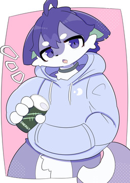 4_fingers ahoge anthro blue_body blue_clothing blue_fur blue_hoodie blue_topwear bottomless can cheek_tuft choker clothed clothing container crotch_tuft cute_fangs ear_piercing facial_tuft fangs fingers fur hair holding_can holding_container holding_object hoodie hoodie_only jewelry kemono male multicolored_body multicolored_fur necklace open_mouth piercing short_hair solo tail teeth text topwear topwear_only tuft two_tone_body two_tone_fur white_body white_fur mujimuji1010 domestic_cat felid feline felis mammal absurd_res cel_shading colored digital_drawing_(artwork) digital_media_(artwork) english_text hi_res shaded