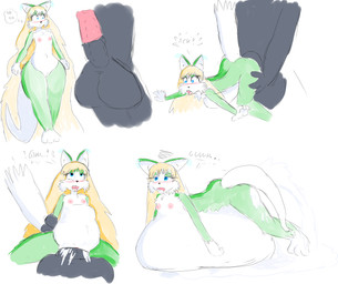 abdominal_bulge anthro balls big_balls big_penis blonde_hair blue_eyes bodily_fluids cum cum_in_vagina cum_inflation cum_inside duo female flat_chested fur genital_fluids genitals green_body green_fur hair huge_penis inflation male male/female nipples open_mouth penetration penis simple_background solo_focus tail text thick_thighs vaginal vaginal_penetration wide_hips cactuscacti sara_(cactuscacti) felid feline mammal absurd_res english_text hi_res