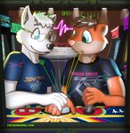 anthro arcade arcade_machine male male/male romantic video_game_reference cargoweasel cargoweasel_(character) canid canine mammal mustelid musteline true_musteline weasel hi_res