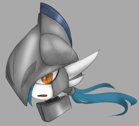 armor grey_background hair headgear helmet male open_mouth orange_eyes ponytail simple_background solo teal_hair thefoxwife nintendo pokemon gallade generation_4_pokemon humanoid pokemon_(species) shiny_pokemon headshot_portrait portrait
