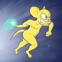 abstract_background action_pose angry anthro barely_visible_genitalia barely_visible_penis bloodshot_eyes frown fur genitals male nude penis pose scowl sharp_teeth solo teeth yellow_body yellow_fur darkajugin dragon_ball dragon_ball_super quitela mammal mouse murid murine rodent 1:1 source_request