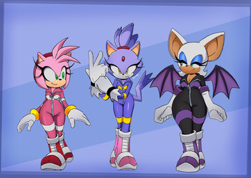anthro bodysuit boots breasts cleavage clothed clothing female footwear group racing_suit shoes skinsuit thick_thighs tight_clothing trio wide_hips xao_art sega sonic_riders sonic_the_hedgehog_(series) amy_rose blaze_the_cat rouge_the_bat bat eulipotyphlan felid hedgehog mammal absurd_res hi_res