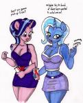 anthro anthrofied bottomwear breasts cellphone cleavage clothed clothing duo electronics female horn miniskirt phone ringing skirt smartphone text newyorkx3 friendship_is_magic hasbro my_little_pony mythology starlight_glimmer_(mlp) trixie_(mlp) equid equine mammal mythological_creature mythological_equine unicorn 2018 english_text hi_res