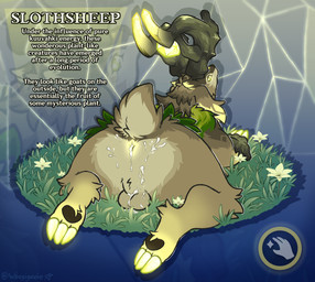 antlers anus balls big_butt bodily_fluids butt claws cum cum_in_ass cum_inside cum_on_balls cum_on_butt cum_on_ground feral flower genital_fluids genitals glowing glowing_anus glowing_eyes glowing_horn grass green_body horn long_ears looking_at_viewer looking_back looking_back_at_viewer lying male paws plant presenting simple_background solo sploot text_box woogigooie genshin_impact mihoyo fantasy_creature slothsheep_(genshin_impact) absurd_res hi_res