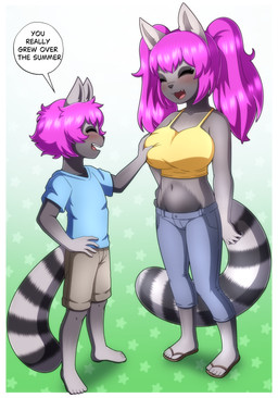 adolescent age_difference aged_up anthro barefoot big_breasts biped black_nose blue_hair bottomwear breast_grab breasts clothed clothing crop_top dialogue duo eyes_closed feet female footwear grey_body hair hand_on_breast larger_female loli long_hair male male/female markings midriff narrow_hips navel older_female open_mouth open_smile oppai_loli pants pigtails plantigrade ring_(marking) ringed_tail sandals shirt shoes short_hair shorts simple_background size_difference smaller_male smile speech_bubble standing striped_markings striped_tail stripes tail tail_markings teeth text thin_calves thin_legs thin_thighs tongue topwear young young_anthro young_female young_male younger_male gi0 casey_(lemurcatta) morty_(lemurcatta) lemur mammal primate ring-tailed_lemur strepsirrhine 2024 absurd_res english_text hi_res