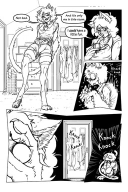 after_transformation anthro bell bell_collar bottomwear breasts clothed clothing collar collar_pull collared_shirt curled_up denim denim_bottomwear denim_clothing denim_shorts detailed_background dialogue female footwear fully_clothed hair inside knocking legwear midriff nipple_outline open_bottomwear open_clothing open_pants pants shirt shorts sleeveless_shirt smile socks solo sound_effects speech_bubble standing surprised text thigh_highs toeless_footwear toeless_socks topwear whiskers wide_eyed comictf comictg domestic_cat felid feline felis mammal 2020 black_and_white comic digital_media_(artwork) english_text hi_res monochrome