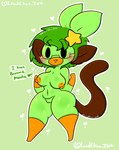 anthro black_eyes blush breasts eyewear female genitals glasses green_body green_hair hair heart_symbol pussy simple_eyes solo star tail text lewdchuu_(artist) nintendo pokemon pyon_(lewdchuu) generation_8_pokemon grookey pokemon_(species) english_text hi_res