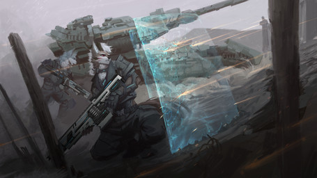 anthro battlefield black_bottomwear black_clothing black_horn black_nose black_pants blue_body blue_fur bottomwear brown_body brown_fur cheek_tuft clothed clothing crouching duo facial_tuft front_view fur futuristic gloves grey_clothing grey_gloves grey_handwear grey_topwear gun hair handwear head_tuft holding_gun holding_object holding_ranged_weapon holding_weapon horn male messy_hair narrowed_eyes neck_tuft outside pants ranged_weapon red_eyes science_fiction short_hair solo_focus topwear tuft unsigned weapon white_body white_fur white_hair awaldkize canid mammal 16:9 absurd_res hi_res widescreen