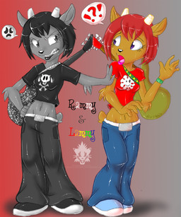 alternative_fashion angry annoyed anthro black_eyes black_hair bone brown_body brown_fur clothed clothing confusion duo electric_guitar exclamation_point eye_contact female fur goth gradient_background grey_body grey_fur guitar hair lipstick looking_at_another makeup mean musical_instrument navel plucked_string_instrument purple_eyes question_mark red_hair rivalry simple_background skull skull_and_crossbones string_instrument shalonesk parappa_the_rapper sony_corporation sony_interactive_entertainment um_jammer_lammy lammy_lamb rammy_lamb bovid caprine mammal sheep hi_res