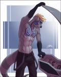 5_fingers anthro athletic athletic_anthro athletic_male black_nose blonde_hair bottomwear clothed clothing eyebrows fingers fur gloves_(marking) green_eyes grey_body grey_fur hair male markings mechanic multicolored_body multicolored_fur pants simple_background solo standing suspenders tattoo topless two_tone_body two_tone_fur white_body white_fur feralise mammal mustelid otter 2017