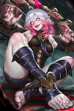 armwear blush bottomwear bound breasts brown_clothing clothing colored_nails eyelashes female freckles grey_eyes grey_hair grey_nails hair humanoid_pointy_ears legwear looking_at_viewer multicolored_hair nails open_mouth open_smile pale_skin pink_hair pink_sclera pointy_ears purple_armwear purple_bottomwear purple_clothing purple_legwear purple_shorts restraints sharp_nails sharp_teeth shorts side_boob sitting smile solo stocks teeth thick_thighs two_tone_hair vein wide_hips neoartcore league_of_legends riot_games tencent briar_(lol) humanoid vampire hi_res