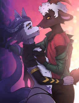 anthro athletic athletic_female bodily_fluids breasts brown_body brown_fur clothed clothing drooling female flat_chested fur grey_body grey_fur horn kissing love male male/female piercing romantic romantic_couple saliva small_breasts tail tattoo tentacle_tail tentacles tomboy unusual_anatomy unusual_tail inkbo bovid canid canine caprine goat mammal absurd_res hi_res
