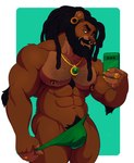 anthro arm_tuft beard bedroom_eyes biceps black_hair blue_background body_hair border bulge butt cellphone chest_hair chest_tuft chin_piercing claws clothed clothing deltoids dreadlocks ear_piercing ear_ring elbow_tuft electronics facial_hair facial_piercing forearm_muscles front_view gold_(metal) gold_claws gold_ear_ring gold_jewelry gold_necklace gold_nipple_ring gold_nose_ring green_clothing green_eyes green_smartphone green_speedo green_swimwear grin hair holding_cellphone holding_object holding_phone holding_smartphone hoop_ear_ring jewelry leg_tuft looking_at_viewer male manly mature_male muscular muscular_arms muscular_butt muscular_legs mustache narrowed_eyes neck_muscles necklace nipple_piercing nipples nose_piercing nose_ring pecs phone piercing pubes ring_(jewelry) ring_piercing seductive shoulder_tuft simple_background smartphone smile solo speedo speedo_only swimwear taking_picture taking_selfie thigh_tuft topless triceps tuft undressing white_border knuxlight felid lion mammal pantherine 2025 hi_res