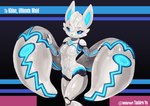 2_tails anthro blue_eyes blue_nose breasts featureless_breasts female glistening glistening_body hair looking_at_viewer machine multi_tail navel simple_background smile solo tail unusual_anatomy unusual_tail white_hair tetetor-oort canid canine fox mammal robot 2021 hi_res