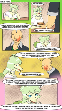 anthro bald blue_eyes breasts choker clothed clothed_anthro clothed_female clothed_human clothed_male clothing dialogue duo eyes_closed female fingers food furgonomics green_body green_clothing green_hair green_shirt green_topwear grey_clothing grey_jacket grey_topwear hair hair_bun happy humanoid_hands jacket jewelry laugh long_hair looking_at_another looking_down looking_up male medium_breasts necklace non-mammal_breasts open_clothing open_jacket open_mouth open_smile open_topwear plate profanity sandwich_(food) shirt simple_background sitting slap_mark smile speech_bubble spikes talking_to_another text topwear twin_buns white_clothing white_shirt white_topwear fuegosonic93 cavemanon_studios goodbye_volcano_high ko_op_(game_developer) snoot_game anon_(snoot_game) stella_(gvh_beta) dinosaur human mammal ornithischian prehistoric_species reptile scalie stegosaurian stegosaurus thyreophoran 4k 9:16 absurd_res colored comic english_text hi_res