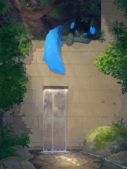 ambiguous_gender black_hair blue_body blue_fur blue_horn brick_wall feral fur glistening glistening_eyes grey_body grey_fur hair horn light light_beam looking_at_viewer lying mouth_closed on_front outside plant pupils rock shrub slit_pupils solo sunbeam sunlight unsigned wall_(structure) water corzh77 corzh_(corzh77) domestic_cat felid feline felis mammal 3:4 absurd_res hi_res