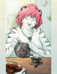 anthro beverage breasts clothed clothing female food fur hair jewelry leucistic necklace nipples pink_hair solo stripes tea topless thetiedtigress felid mammal pantherine tiger