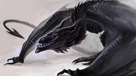 ambiguous_gender black_body black_horn black_scales claws crouching feral glowing glowing_eyes glowing_mouth glowing_nostrils horn membrane_(anatomy) membranous_wings purple_eyes scales sharp_teeth simple_background solo spade_tail spines spread_wings tail teeth underbite white_background wing_claws wings allagar european_mythology mythology dragon mythological_creature mythological_scalie scalie western_dragon wyvern absurd_res hi_res