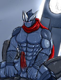 abs anthro athletic balls biceps big_muscles big_penis black_body blue_body blue_eyes blush bodily_fluids clothing cowgirl_position cybernetics duo erection faceless_character faceless_male fishnet_clothing from_front_position genital_fluids genitals leaking lying machine male mask metal moon muscular muscular_male ninja nipples nude on_bottom on_top pecs penis pose precum presenting red_penis scarf sex sitting solo_focus spread_legs spreading straddling vein warrior ryuukikeito cyborg 2013
