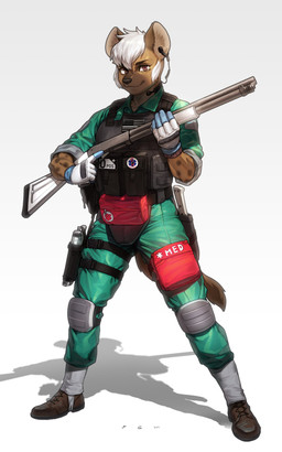american_flag anthro boots brown_eyes bulletproof_vest clothed clothing desert_eagle electronics eyebrows eyelashes footwear fully_clothed fur gloves gradient_background gun hair handgun handwear headgear headphones headset holster inner_ear_fluff knee_pads knife looking_at_viewer male markings medic pistol ranged_weapon shoes shotgun simple_background smile solo spots spotted_body spotted_fur tuft united_states_of_america weapon white_hair pgm300 hyena mammal spotted_hyena 2022 absurd_res digital_media_(artwork) hi_res shaded