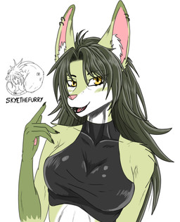 anthro clothing female fur green_body green_fur green_hair hair open_mouth pink_nose solo white_body white_fur yellow_eyes allartskye aquatic fish hybrid shark hi_res