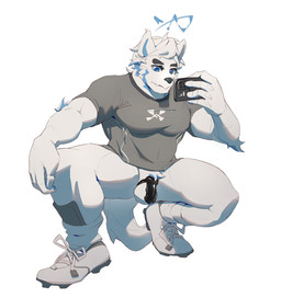 anthro arm_tuft balls barazoku biped black_chastity_cage bottomless bottomless_anthro bottomless_male cellphone chastity_cage chastity_device cleats clothed clothed_anthro clothed_male clothing crotch_tuft crouching elbow_tuft electronics footwear fur genitals holding_cellphone holding_object holding_phone holding_smartphone looking_at_cellphone looking_at_object looking_at_phone male male_anthro muscular muscular_anthro muscular_male phone print_clothing print_shirt print_topwear shin_guards shirt shoes simple_background smartphone socks solid_chastity_cage solo sportswear t-shirt tail topwear tuft wearing_chastity_cage wearing_chastity_device white_background white_body white_fur reykn under_armour canid canine canis mammal wolf 2024 hi_res