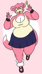 anthro big_breasts bottomwear breasts cleavage clothed clothing countershading eyes_closed fangs female gesture hair hand_gesture overweight pink_body short_hair skirt sleeveless_shirt smile solo teeth thick_thighs v_sign white_body white_countershading nerdyreindeer nintendo pokemon generation_1_pokemon mammal pokemon_(species) slowpoke hi_res