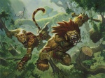 angry armor axe detailed_background duo_focus fangs female forest group hair male melee_weapon nature outside plant red_hair roaring tail teeth tree tribal trio weapon wood steve_prescott hasbro magic:_the_gathering wizards_of_the_coast ajani_goldmane planeswalker catfolk felid leonin mammal nacatl pantherine tiger official_art