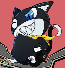 abdominal_bulge anthro belly big_belly black_body black_fur blue_eyes fur male male_pred one_eye_closed same_size_vore scarf sharp_teeth shortstack shortstack_male smile struggling struggling_prey teeth vore white_body white_fur weisyr atlus megami_tensei persona_(series) persona_5 sega morgana_(persona) domestic_cat felid feline felis mammal hi_res