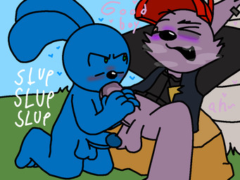 anthro balls blue_body blush clothing duo erection fellatio genitals humanoid_genitalia humanoid_penis male male/male male_penetrated male_penetrating male_penetrating_male nude one_eye_closed oral oral_penetration penetration penile penile_penetration penis sex tail placebound danno_cal_drawings toon_turf darius_dax_daggers riggy_the_runkey canid canine fox haplorhine hybrid lagomorph leporid mammal monkey primate rabbit runkey 4:3 digital_media_(artwork)