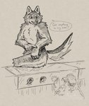 anthro clock dialogue duo female flexing male nude sitting_on_counter speech_bubble tail text watch thewolffinsnow canid canine canis human mammal wolf hi_res